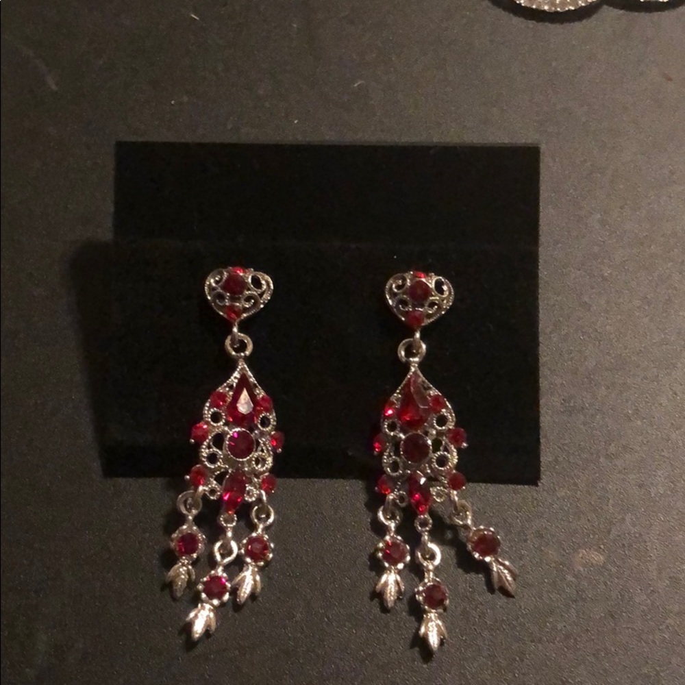 Silver earrings with red jewels